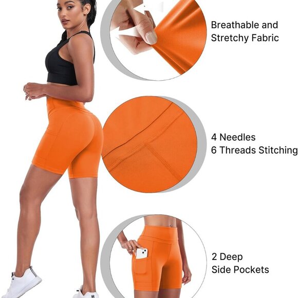 Slim Fit Orange Yoga Shorts for Women with High Waist & Deep Pockets, 4-Way Stre - Picture 4 of 6